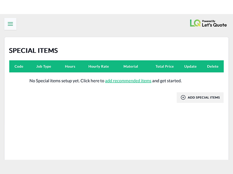 Special Items Lets Quote